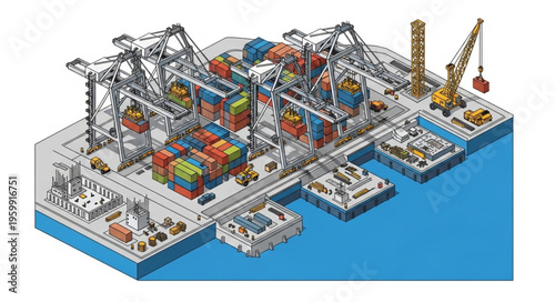 Aerial view of busy container port with cranes and ships.