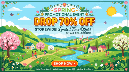 Spring Promotional Event Banner with Landscape and Discount
