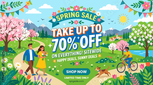 Spring Sale Banner Featuring People in a Landscape