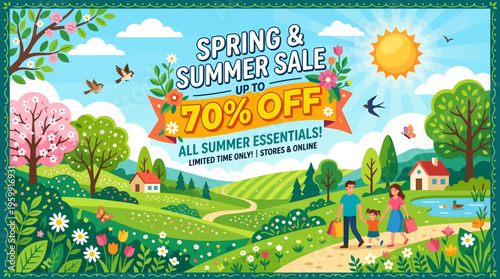 Spring and Summer Sale Banner with Countryside Scene