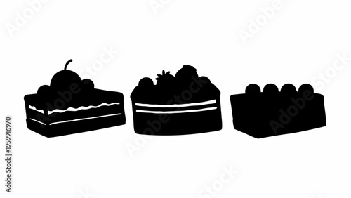 Silhouette collection of assorted luxury patisserie desserts with creative toppings on white background