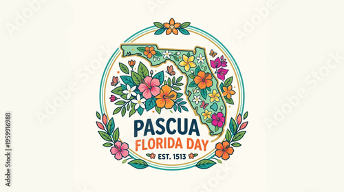 Pasca Florida Day Emblem with Colorful Floral Design