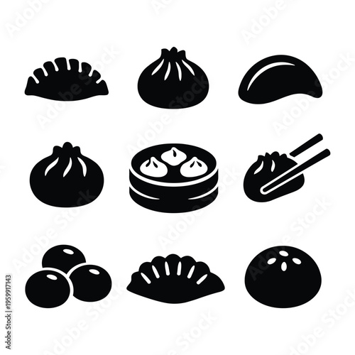 A collection of black silhouette icons featuring various types of asian dumplings and steamed buns