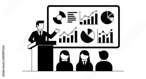 Business presenter speaking at podium with charts.