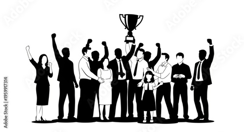 Business team celebrating victory holding trophy together.