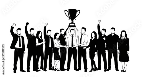 Business team celebrating with large trophy award.