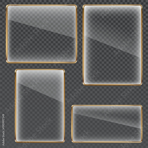 Transparent glass panels with golden glass frames isolated on transparent background