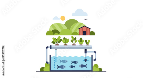 Aquaponics System Illustration: Sustainable Integrated Farming with Fish, Plants, and Green Rural Landscape