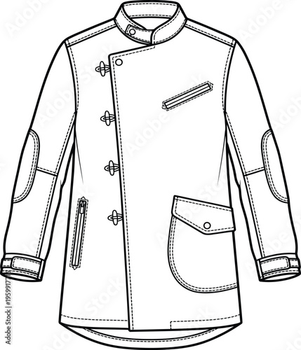 Stylish man jacket outline with elbow patches, breast and side pockets, and unique toggle and button closure