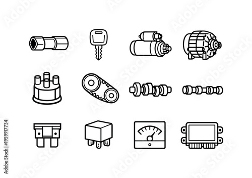 Engine ignition system set: spark plug socket, ignition key, starter motor, alternator, distributor cap, timing belt, crankshaft, camshaft, fuse, relay, voltage meter, control unit
