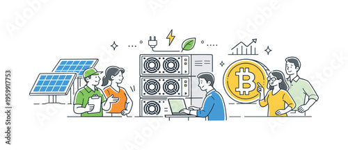 A sustainability and technology concept showing cryptocurrency mining in a cleaner, responsible business context, where a compact team balances digital asset production with energy