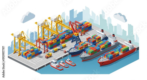 Container Port Terminal With Cargo Ships And Cranes.