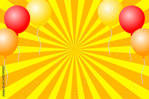 風船とオレンジ色の放射状背景のポップなお祝いイベントイラスト素材