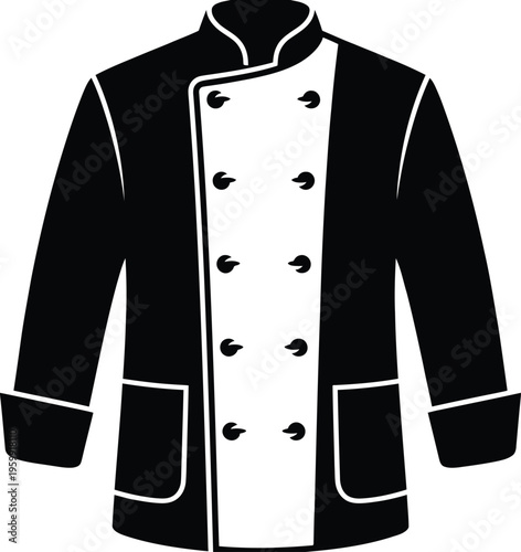 Chef jacket silhouette with silver trim, black double breasted cooking uniform, professional garment with cuff details and pockets on background