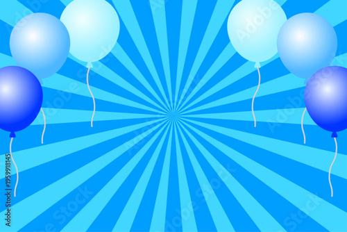 風船と青色の放射状背景のポップなお祝いイベントイラスト素材
