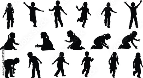 Set of black isolated silhouettes of happy little children playing running jumping and crawling vector illustration of boys and girls