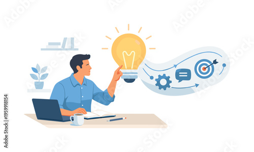 Creative thinking and idea generation scene showing a professional developing innovative solutions in a focused workspace environment, with a character interacting with a single
