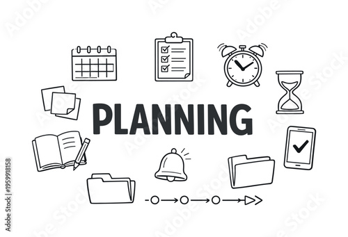 Time management and daily planning concept centered on organizing schedules, prioritizing tasks, and maximizing productivity in personal and professional life. PLANNING title