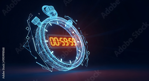 Futuristic digital stopwatch displaying 00 59 59 rendered in glowing blue lines on transparent background