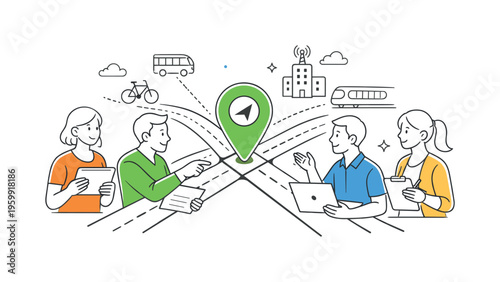 An urban mobility planning situation where a team organizes transportation routes and optimizes travel flow within a connected city environment, illustrated by a small group