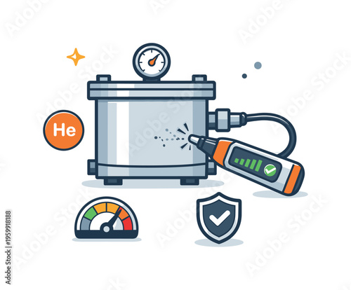 Helium leak detection using mass spectrometry in high vacuum systems for industrial quality assurance, a sealed chamber with a tiny escaping particle stream and a small detector