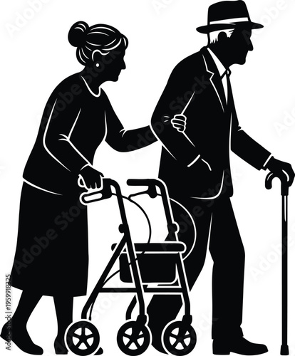 Senior man with walking stick and elderly woman with rollator walker silhouette vector illustration of disabled mobility