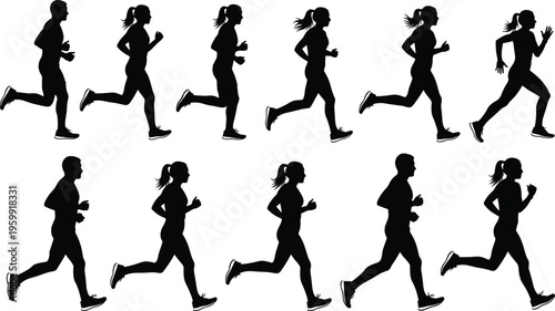 Set of black isolated silhouettes of men and women running and jogging, vector illustration of healthy active lifestyle and sports