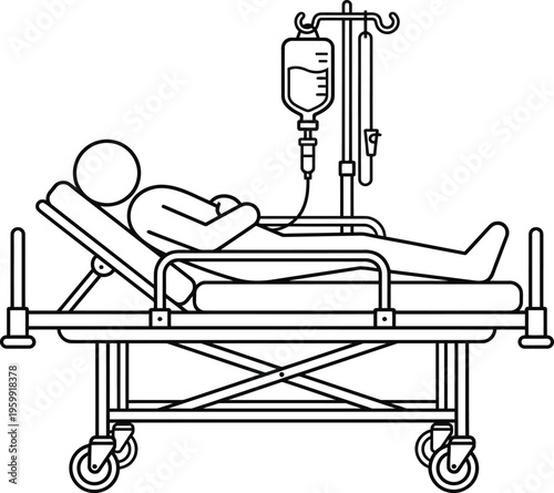 Medical patient lying on hospital gurney bed with intravenous drip line art vector illustration for healthcare concepts