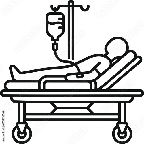 Patient on a hospital gurney with an iv drip, simple line art style vector illustration on transparent background