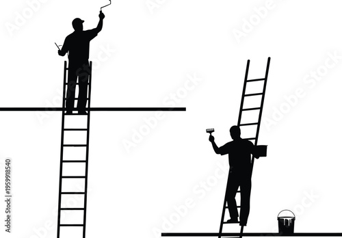 Set of black isolated silhouettes of painters working on ladders with rollers and paint buckets, professional house renovation vector illustration