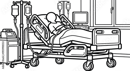 Hospital room scene with patient on an adjustable bed, iv drips, and medical monitors, line art style vector