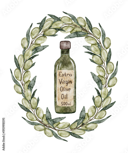Olive oil bottle surrounded by watercolor olive branch wreath.