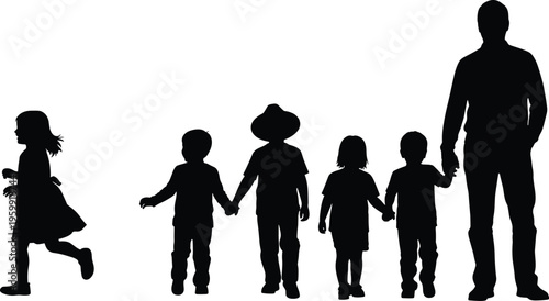 Silhouette of father with group of children holding hands and girl running for family love parenting childhood and togetherness concept.