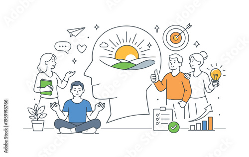 A personal development scenario where individuals cultivate a positive mindset and focus on constructive thinking to improve daily well-being and performance, visualized through a