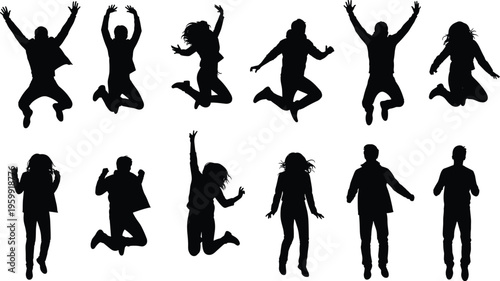 Silhouette of happy people jumping in air with raised hands for success joy celebration freedom and youth lifestyle concept set.