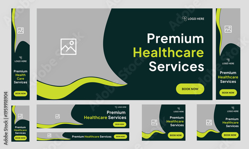 Set of web banner standard sizes, medical services web set banner template design for social media posts	