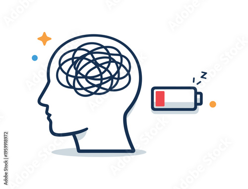 Burnout and mental overload caused by excessive work and constant pressure in modern routines, a human head with tangled lines next to a low battery icon symbolizing exhaustion and