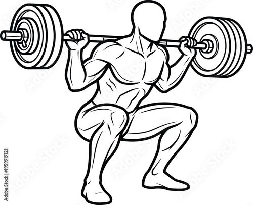 Bodybuilder performing squat with barbell, strong athletic physique, weightlifting exercise, vector illustration.