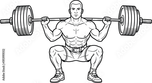 Front view of bodybuilder man squatting with heavy weights wearing weightlifting belt vector line art for fitness blog
