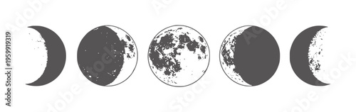 Five moon phases depicted as dark gray silhouettes white celestial night