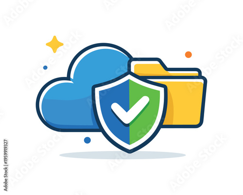 Personal data backup and information safety focused on preventing loss and ensuring secure storage in everyday digital usage, a cloud combined with a shield and a small checkmark