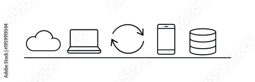 Cloud computing and online service integration for efficient data access and seamless digital workflow across devices, cloud, laptop, smartphone, sync arrows, and database cylinder