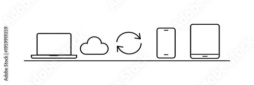 Multi device workflow and seamless digital continuity for working across platforms without interruption or data loss, laptop, smartphone, tablet, cloud, and sync arrows