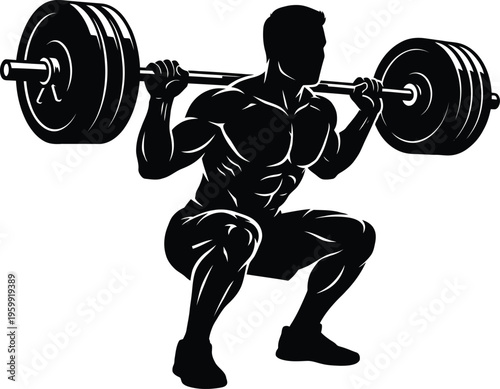 Black silhouette of a strong man squatting with a heavy barbell on a transparent background vector fitness symbol art