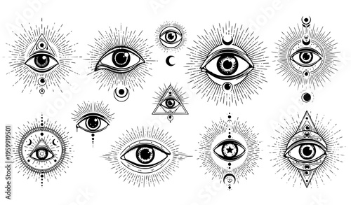 Collection of all-seeing eye vector symbols in black and white mystical engraving illustration isolated on white