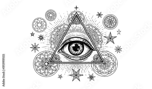 Stylized all-seeing eye vector engraving illustration with mystical and esoteric elements on white background