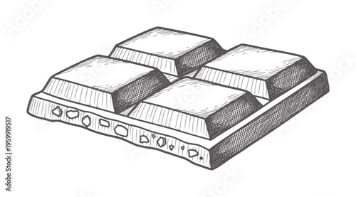 Hand drawn chocolate bar with four squares and visible inclusions food sweet dessert