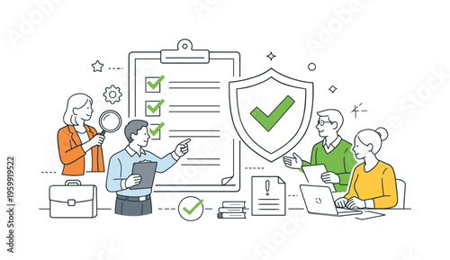 A compliance and regulatory adherence scene showing a corporate team reviewing policies and ensuring standards together around a large checklist document and a simple shield badge
