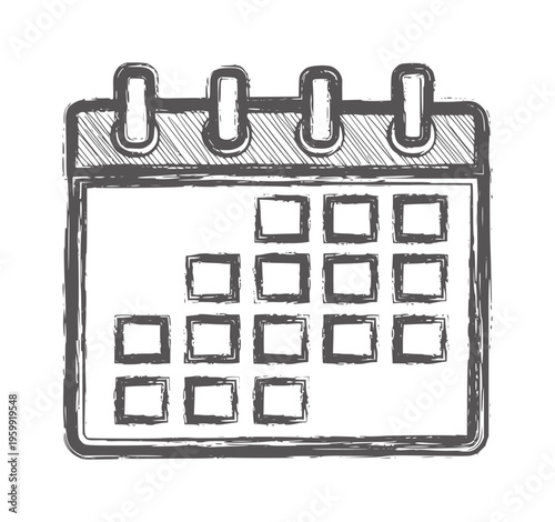 Hand drawn dark gray calendar grid with rough edges and spiral binding date month