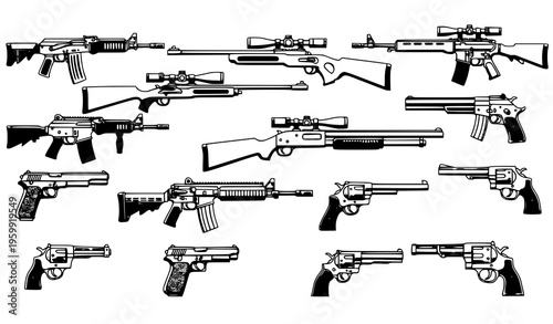 Cartoon line art firearms vector set with assault rifles, sniper rifles, and shotguns isolated on white background